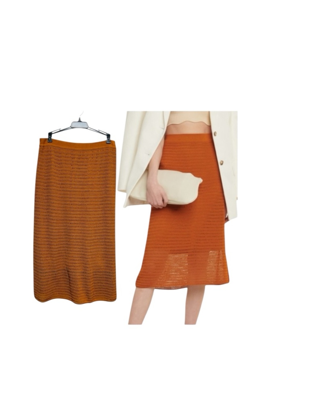 Vince Cotton-Blend Crochet-Knit Midi Skirt in Burnt Orange Women’s Sz M